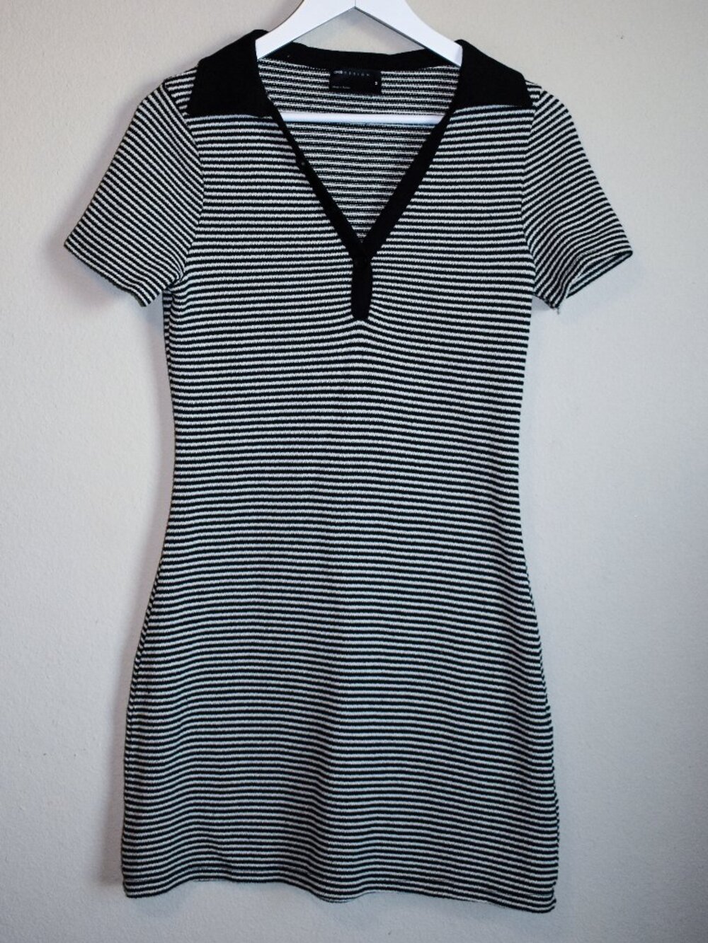 ASOS DESIGN Striped Knit Polo Mini Dress Black Cream Size M